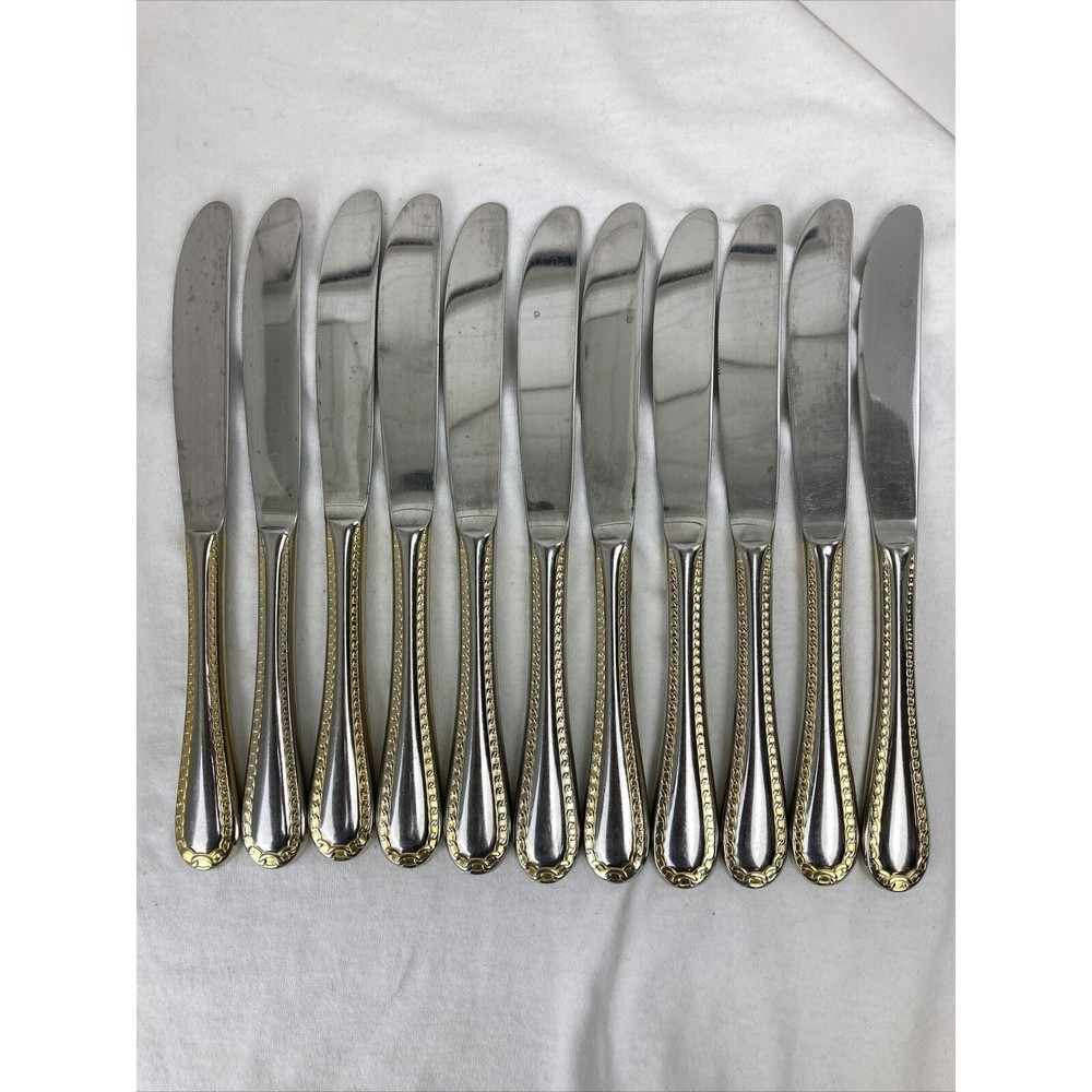 11 Retroneu GOLD ACCENT Chain 9 1/2” Dinner Knife 18/8 Korea Stainless Pre owned